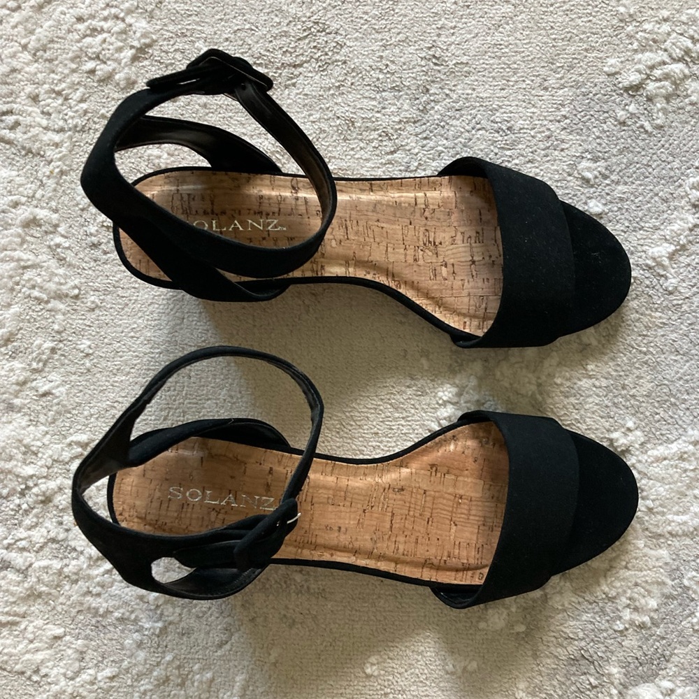 Solanz Black Cork Wedge Ankle Strap Sandals